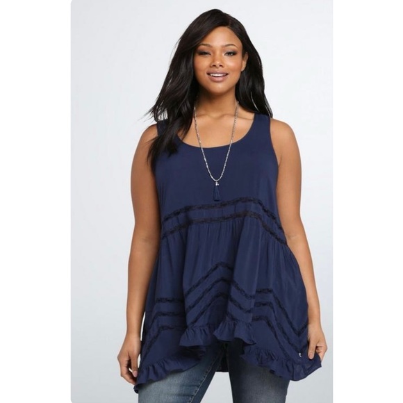 TORRID | Navy Blue Challis Hi- Low Ruffle Tank Top Sz. 00 or a Medium/Large - Picture 1 of 5